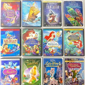 Disney Movie 12 DVD Bundle Fantasia Moana Lilo Mermaid Beauty Aladdin Hunchback